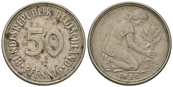 ФРГ 50 пфеннигов 1950 F KM 109.1, J. 384 медно-никель 3458-1247