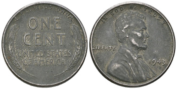 США 1 цент 1943 Авраам Линкольн KM 132 a сталь покрытая цинком 214-569