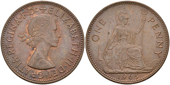 Великобритания 1 пенни 1965 Елизавета II (1952-2022) КМ 897, Spink 4157 бронза 4574-242