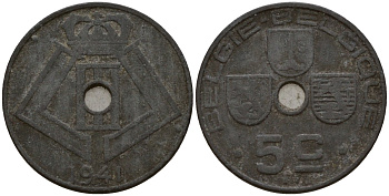 Бельгия 5 сантимов 1941 Belgie - Belgique, Леопольд III (1934-1947), германская оккупация, Вторая мировая война KM 124 цинк 4160-1126