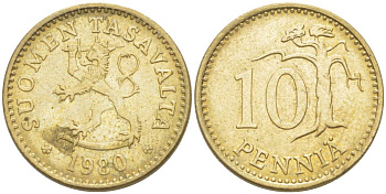 ФИНЛЯНДИЯ 10 ПЕННИ 1980 К KM 46 алюминиевая бронза 4516-1267