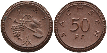 Саксония 50 пфеннигов 1921 виноград и лопата J. N 54 фарфор 1094-5-25