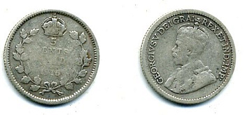 КАНАДА 5 ЦЕНТОВ 1916 ГЕОРГ V серебро 46-748