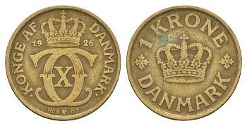 Дания 1 крона 1926 HCN, Кристиан X (1912-1947) KM 824 алюминиевая бронза 4657-341