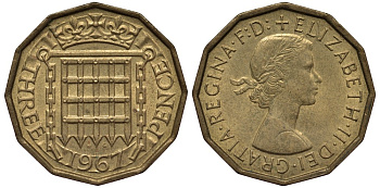 Великобритания 3 пенса 1967 Елизавета II (1952-2022) KM 900, Spink 4153 никель латунь 4538-1145