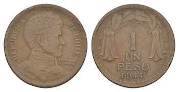 Чили 1 песо 1944 KM 179 медь 4620-114