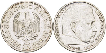 Германия 5 рейхсмарок 1936 A, Пауль фон Гинденбург (1847-1934) KM 86, J. 360 серебро    1515-1011