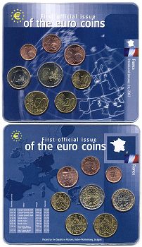 Франция евронабор из 8 монет 1999-2001 первый официальный евронабор в фирменном буклете биметалл UNC 5-4-1-84