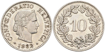 Швейцария 10 раппенов 1932 B KM 27b никель     3309-665