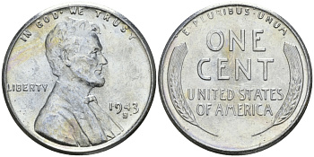 США 1 цент 1943 S (Сан-Франциско), Авраам Линкольн KM 132 a сталь плакированная цинком 96-1154