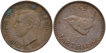 Великобритания 1 фартинг 1945 Георг VI (1936-1952) KM 843, Spink 4116 бронза 4596-1024