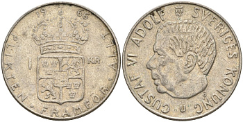 Швеция 1 крона 1966 U, Густав VI Адольф (1950-1973) KM 826 серебро 4150-215