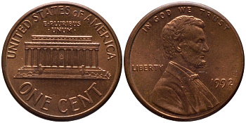 США 1 ЦЕНТ 1992 ЛИНКОЛЬН KM 201b цинк плакированный медью 66-1045