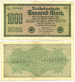 ГЕРМАНИЯ 1000 МАРОК 1922 15 СЕНТЯБРЯ 1922, ВОДЯНОЙ ЗНАК G, БЕЛАЯ БУМАГА Pick 76e бумага 7548-10-2-1