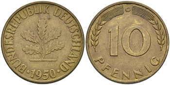 ФРГ 10 пфеннигов 1950 G KM 108, J.383 сталь плакированная латунью 4575-145