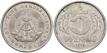 ГДР 5 пфеннигов 1978 A KM 9.2 алюминий 218-1136