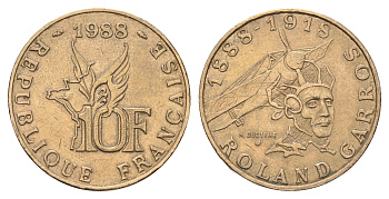 Франция 10 франков 1988 100 лет со дня рождения Ролана Гарроса KM 965 никель латунь    4660-256