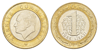 Турция 1 лира 2009 Кемаль Ататюрк KM 1244 биметалл UNC 4648-813