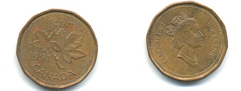 Канада 1 цент 1991 Елизавета II (1952-2022), кленовый лист KM 181 бронза 177-1431