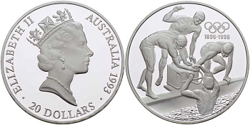 Австралия 20 долларов 1993 Олимпийские игры 1996, плавание, 100 лет Олимпийскому движению (1896-1996) KM 219 серебро PROOF 00-00