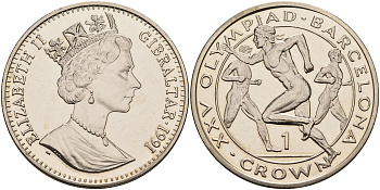 Гибралтар 1 крона 1991 XXV Олимпийские игры 1992 года в Барселоне, легкая атлетика, бег KM 68 медно-никель UNC 1095-1-64