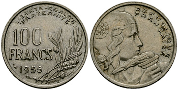 Франция 100 франков 1955 KM 919.1 медно-никель 4575-1012