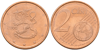 Финляндия 2 евроцента 2000  KM 99 сталь плакированная медью  UNC  4564-369
