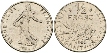 Франция 1/2 франка 1986 сеятель KM 931.1, Le Franc 198.25 никель 25-1153