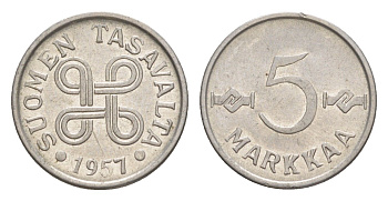 Финляндия 5 марок 1957 KM 37a железо плакированное никелем 4647-445