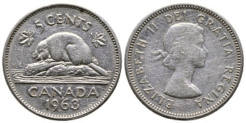 КАНАДА 5 ЦЕНТОВ 1963 ЕЛИЗАВЕТА II, БОБЕР KM 57 никель 4364-2332