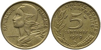 ФРАНЦИЯ 5 САНТИМОВ 1969 ТИП MARIANNE KM 933 медь алюминий никель 176-659