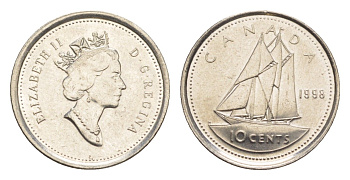 Канада 10 центов 1998 Елизавета II (1952-2022), парусник KM 183 никель 4636-639