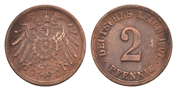 Германия 2 пфеннига 1907 A, Вильгельм II (1888-1918) KM 16, J. 11, Weege 4 медь 4658-815