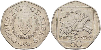 КИПР 50 ЦЕНТОВ 1991 ПОХИЩЕНИЕ ЕВРОПЫ KM 66 медно-никель 175-1142