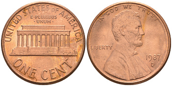 США 1 цент 1987 D, Линкольн KM 201b цинк плакированный медью UNC 188-235