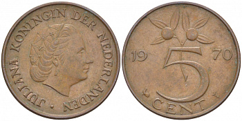 НИДЕРЛАНДЫ 5 ЦЕНТОВ 1970 ЮЛИАНА KM 181 бронза 214-823