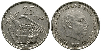 ИСПАНИЯ 25 ПЕСЕТ 1957 (70) ФРАНСИСКО ФРАНКО ДИКТАТОР ИСПАНИИ (1939-1975) KM 787 медно-никель 89-1152