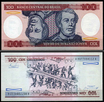 Бразилия 100 крузейро 1981 подпись 21, серия А 8077, Герцог Каксиас Pick 198 b бумага UNC (пресс) 2197-48-2-1