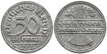 ГЕРМАНИЯ 50 ПФЕННИГОВ 1922 D KM 27, J. 301 алюминий 24-1053
