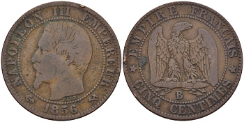 ФРАНЦИЯ 5 САНТИМОВ 1956 В, НАПОЛЕОН III (1852-1870) KM 777.2, LA FRANC 116.31 бронза 28-627