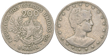 Бразилия 200 реалов 1901 MCMI, голова свободы вправо KM 504 медно-никель 4612-321