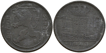 Бельгия 1 франк 1943 Belgique - Belgie, Леопольд III (1934-1947), германская оккупация, Вторая мировая война KM 127 цинк 4161-515