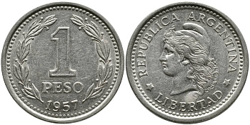 Аргентина 1 песо 1957 голова свободы влево KM 57 сталь плакированная никелем 4525-857