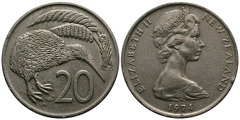 Новая Зеландия 20 центов 1974 Елизавета II (1952-2022), птичка киви KM 36.1 медно-никель 47-435
