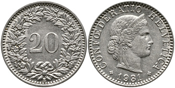Швейцария 20 раппенов 1931 B KM 29 никель     4539-626