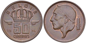 Бельгия 50 сантимов 1974 Belgie, Бодуэн I (1951-1993) KM 149.1 бронза 214-217