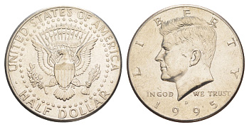 США 1/2 доллара (50 центов) 1995 D, Джон Кеннеди KM A202b медь плакированная медно-никелем aUNC 4382-825