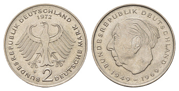ФРГ 2 марки 1972 F, Теодор Хойс KM A127, J. 407 медно-никель 3459-1011
