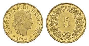Швейцария 5 раппенов 1984 KM 26c алюминиевая бронза 4611-1246
