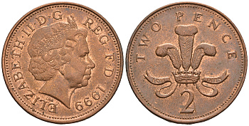 Великобритания 2 пенса 1999 Елизавета II (1952-2022) KM 987, Spink 4690 (C5) сталь плакированная медью 177-736